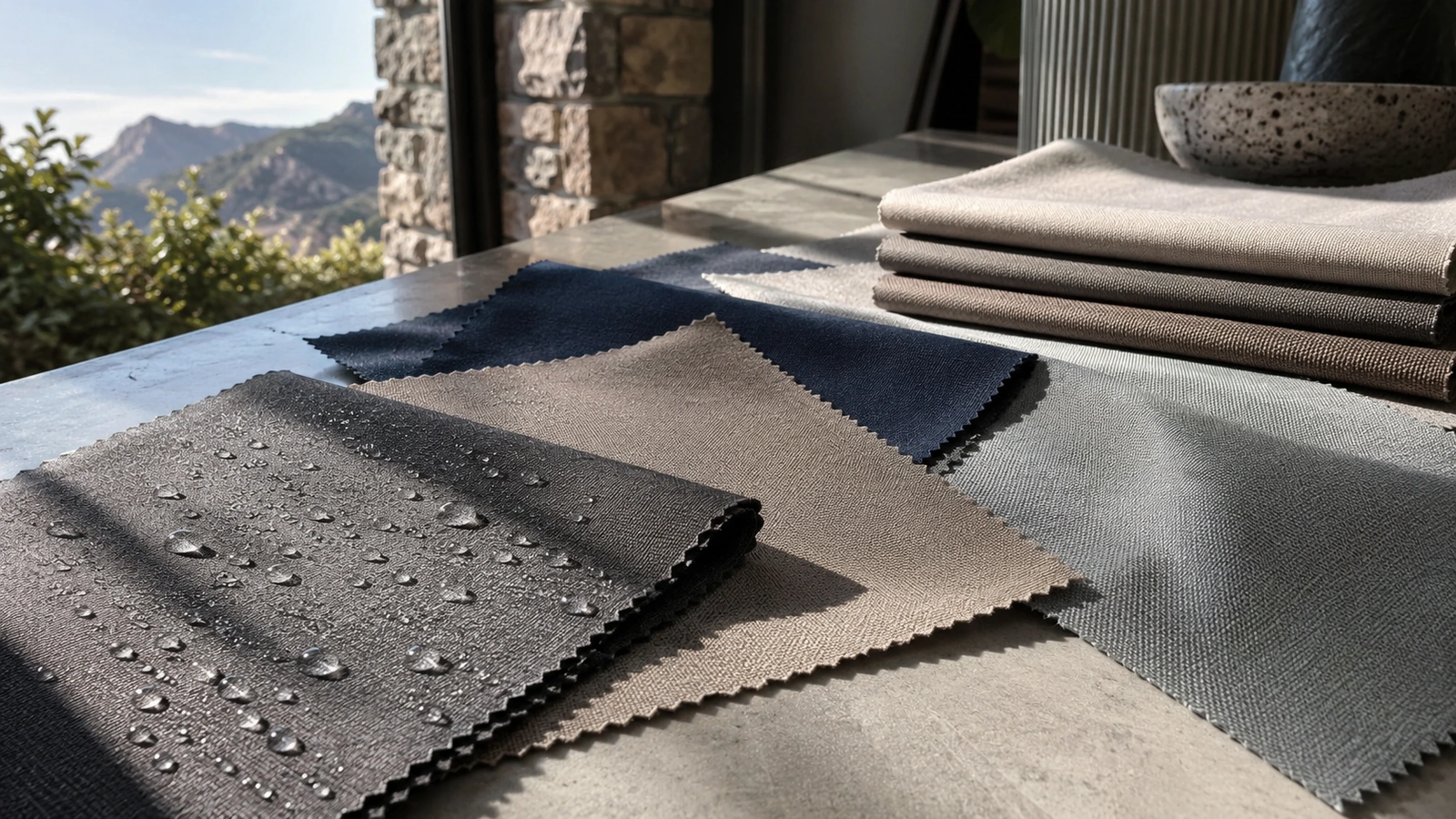 Awning fabric samples in several colours held up against direct sunlight