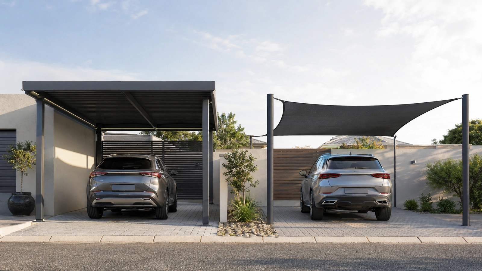 Double aluminium carport with a solid roof covering two vehicles on a paved driveway