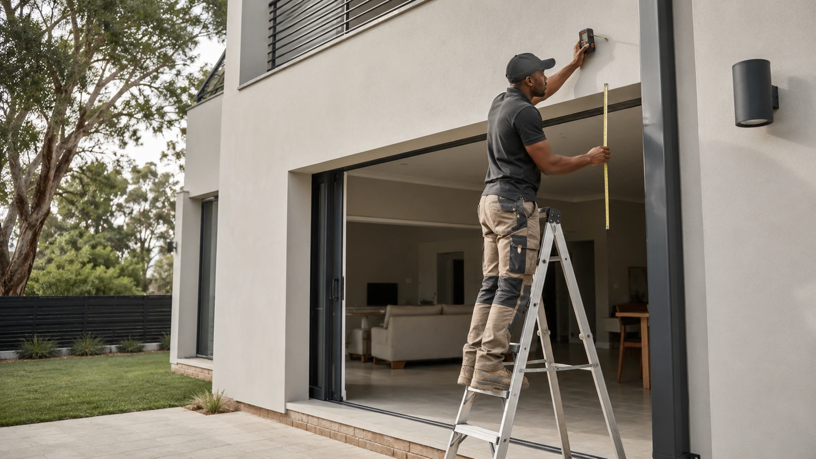 Person measuring the width of a patio wall with a tape measure for an awning