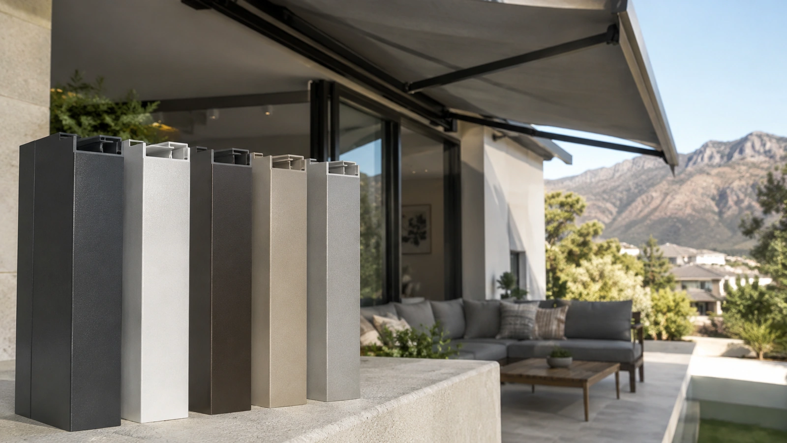 Powder-coated aluminium awning sections in charcoal and white next to colour reference cards