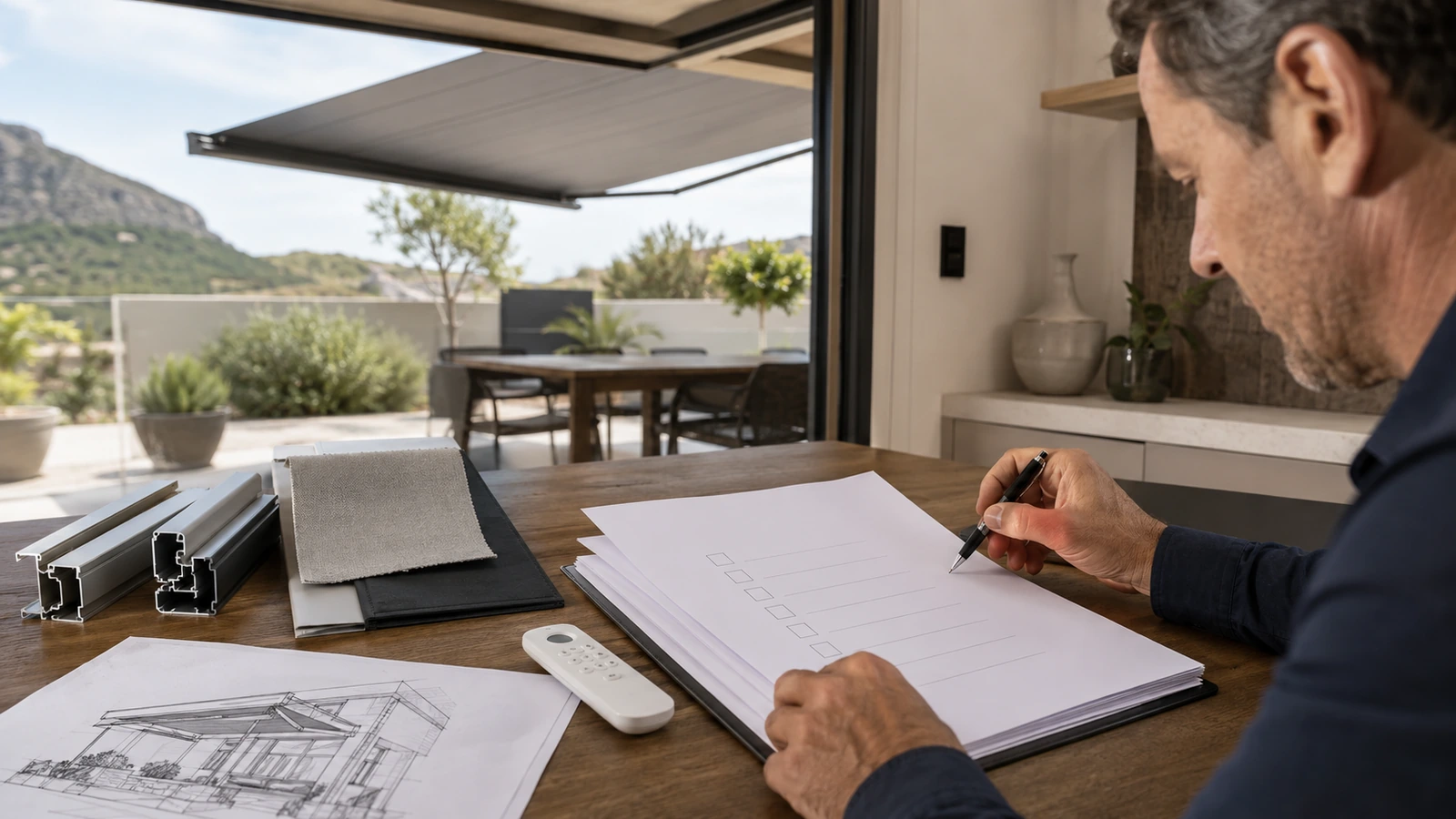 Homeowner and installer reviewing an awning quotation document on site