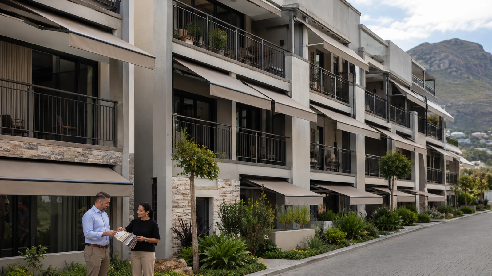 Sectional title complex courtyard with matching awnings over adjoining patios