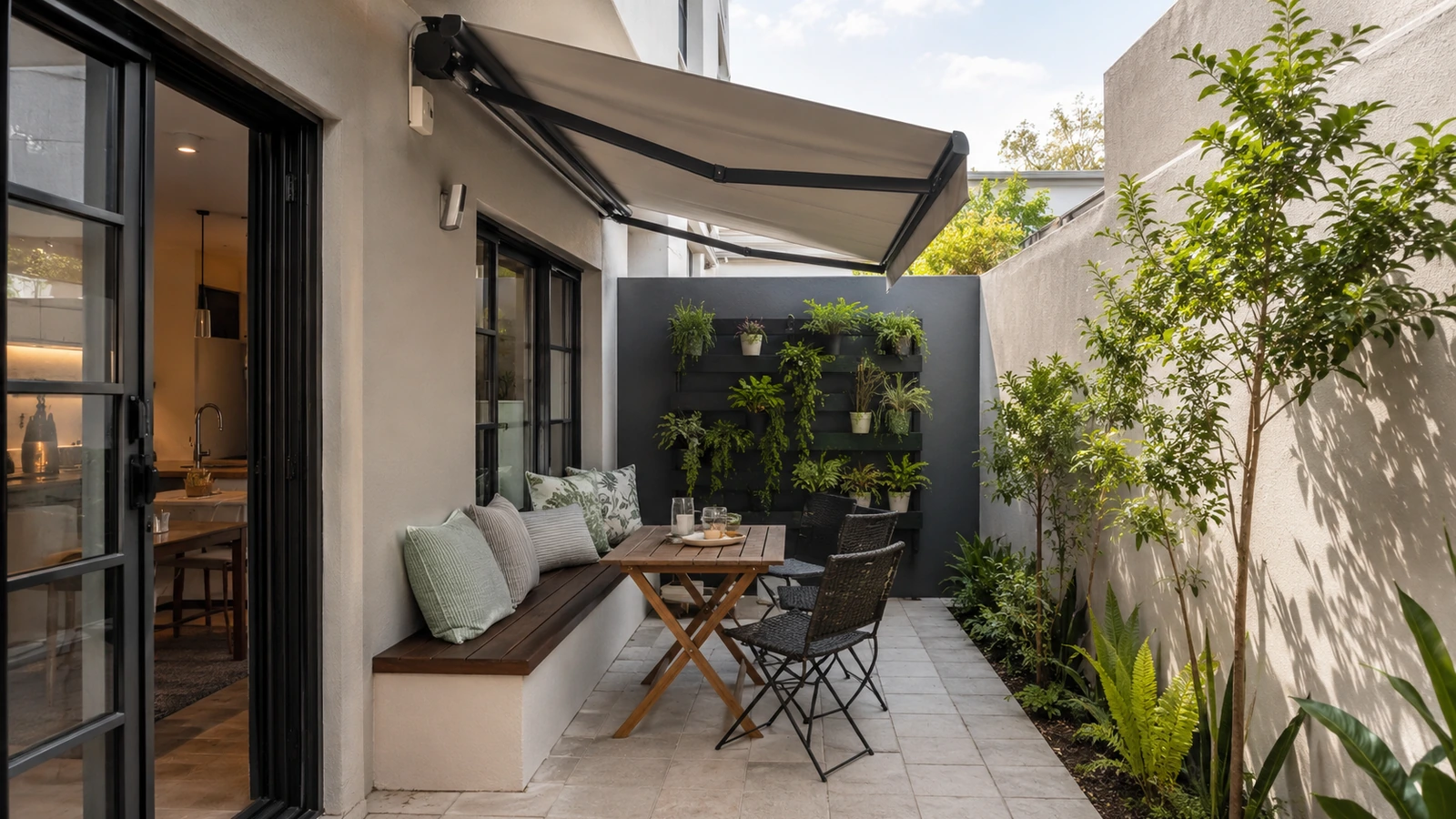 Compact townhouse patio shaded by a wall-mounted awning with no floor posts